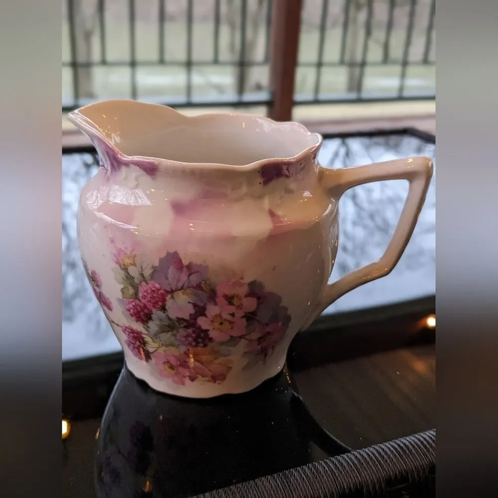 Antique 1800's German Porcelain Pitcher Creamer Floral Black Berry Purple Pink